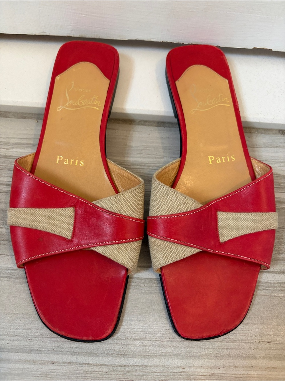 Vintage Christian Louboutin Red and Beige Crossband Slide Sandals